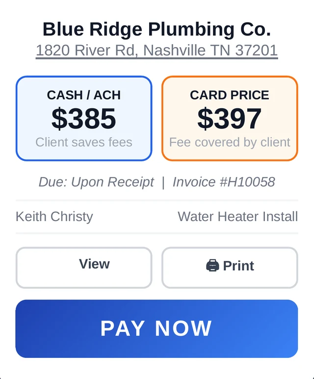 Sample invoice from a fictional plumbing company showing a cash or ACH price of $385 and a card price of $397, with a Pay now button